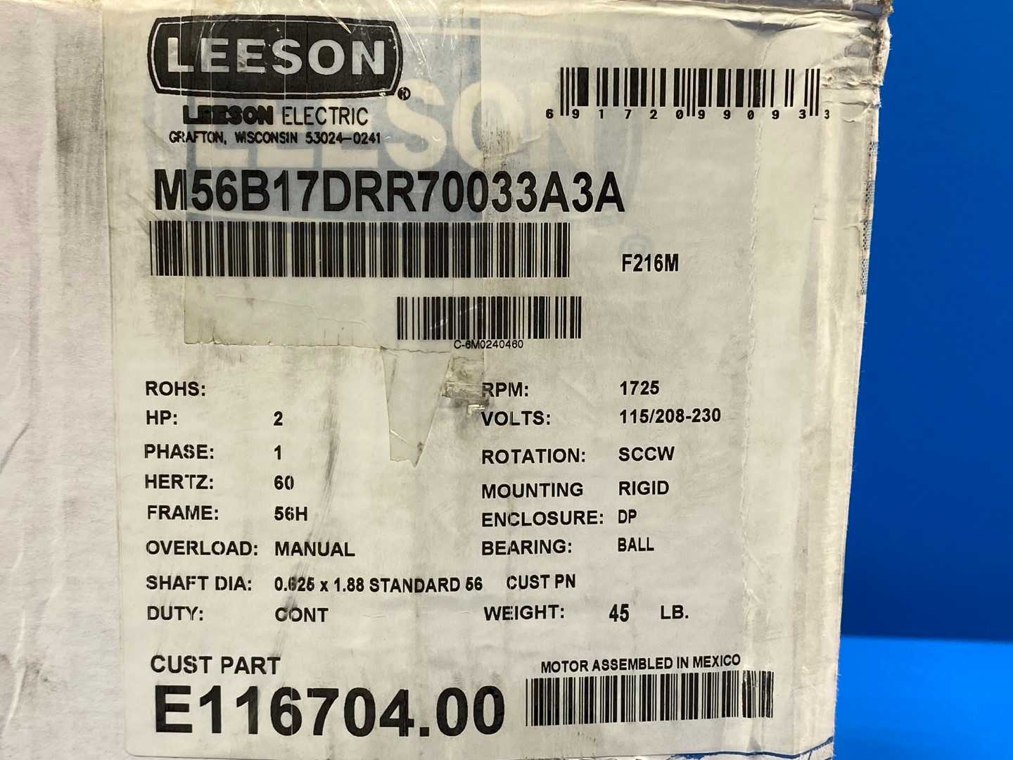 Leeson E116704.00 Electric Motor 2 HP 1725 Rpm 1PH 115/208-230 