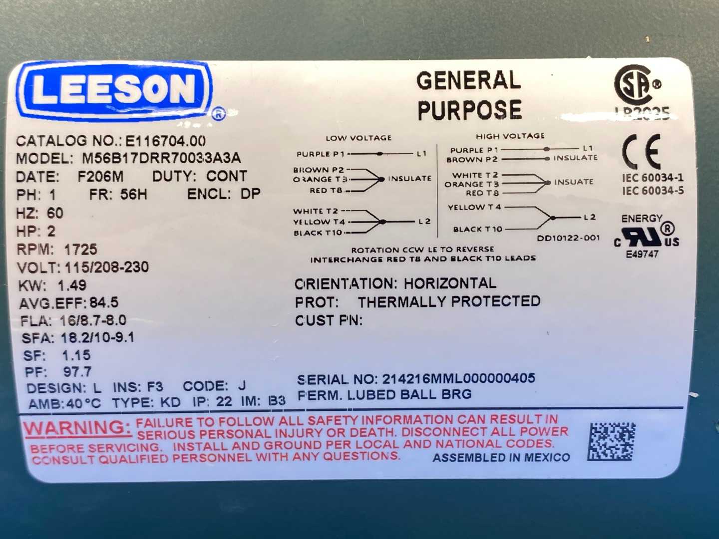 Leeson E116704.00 Electric Motor 2 HP 1725 Rpm 1PH 115/208-230 