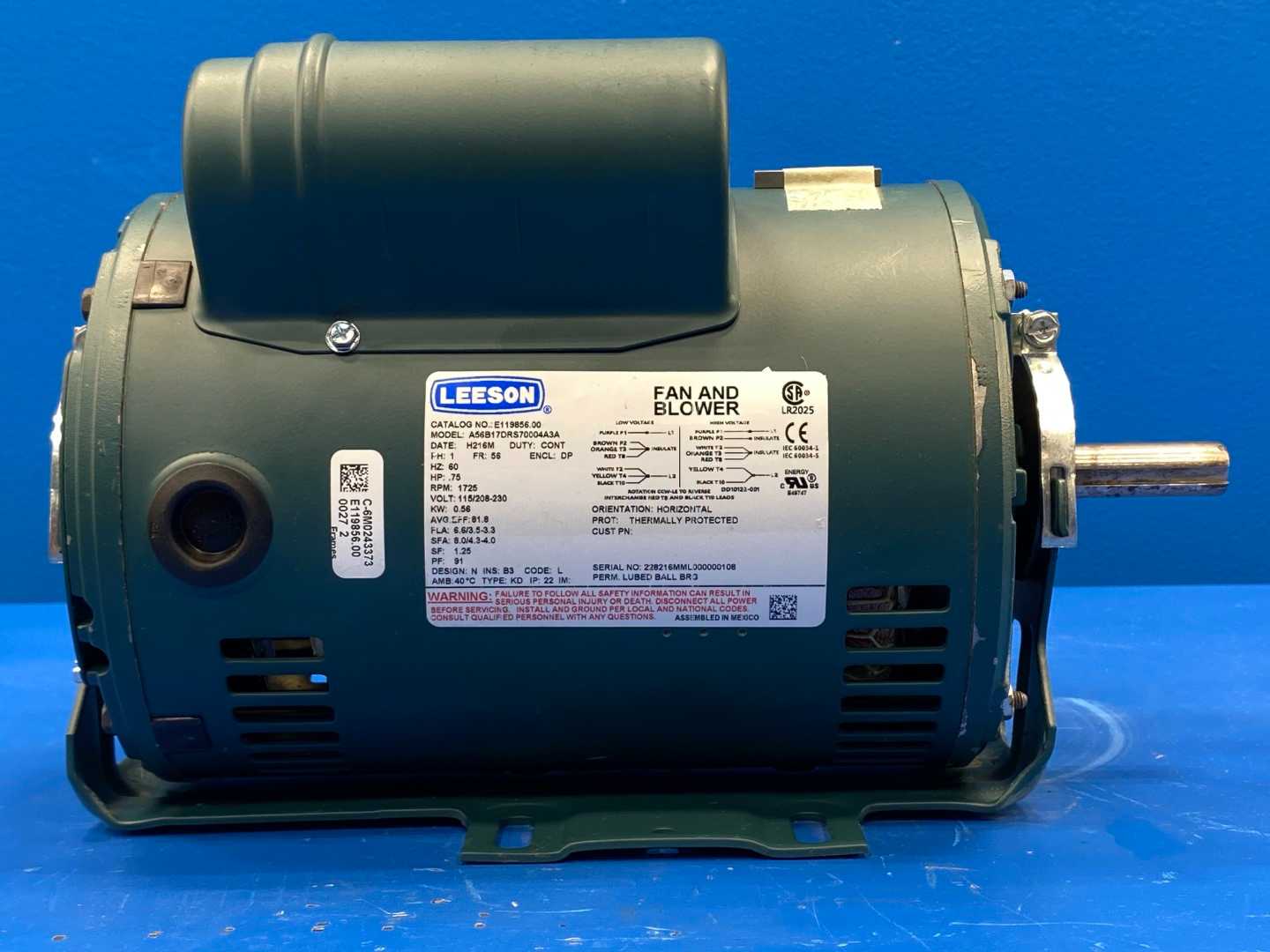 Leeson E119856.00 Motor, 0.75HP, 1725RPM, 115/208-230V, 1PH