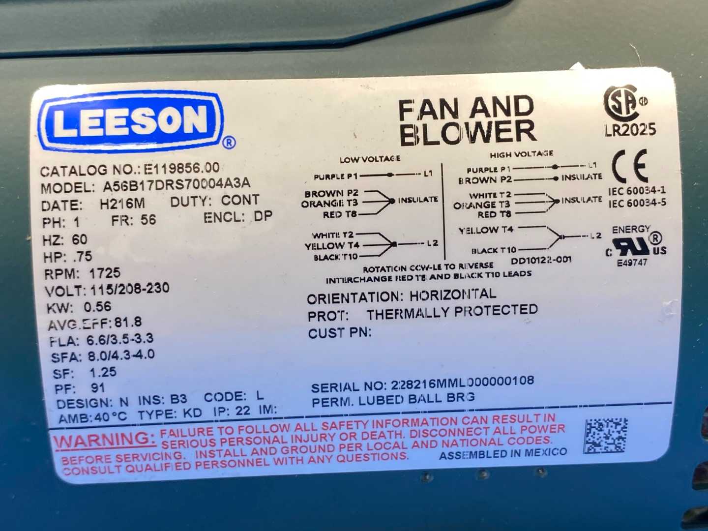 Leeson E119856.00 Motor – 0.75HP, 1725RPM, 115/208-230V, Single Phase