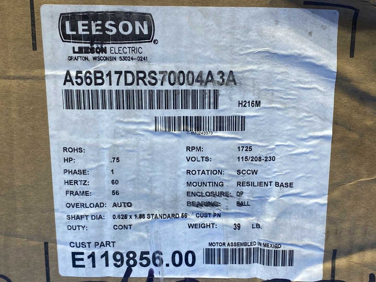 Leeson E119856.00 Motor – 0.75HP, 1725RPM, 115/208-230V, Single Phase
