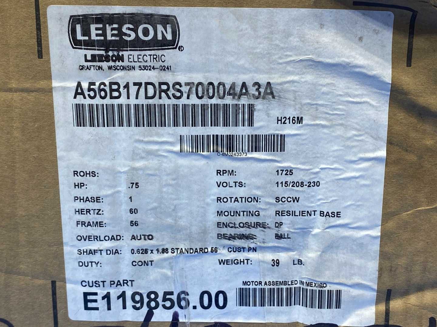 Leeson E119856.00 Motor, 0.75HP, 1725RPM, 115/208-230V, 1PH