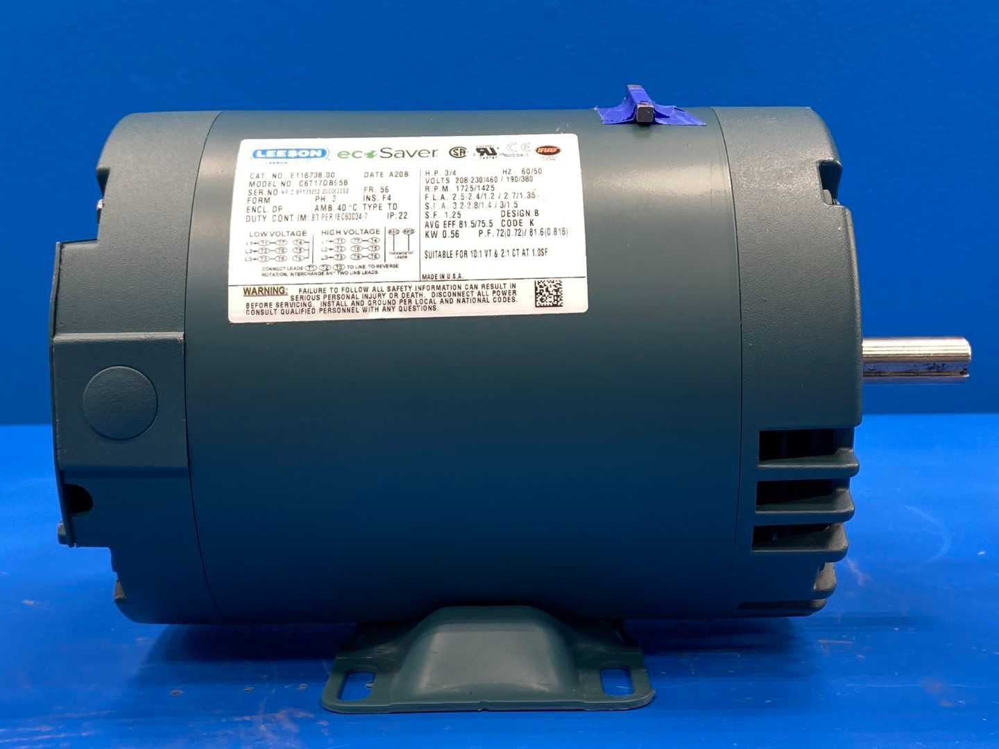 Leeson E116738 Motor. 3/4HP, 3PH, 208-230V, 1725/1425RPM