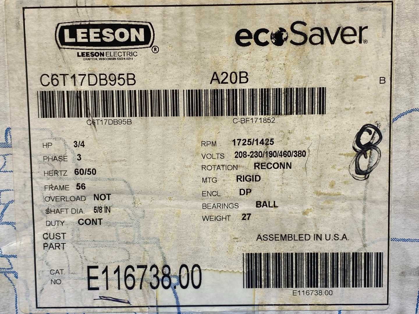 Leeson E116738 Motor. 3/4HP, 3PH, 208-230V, 1725/1425RPM