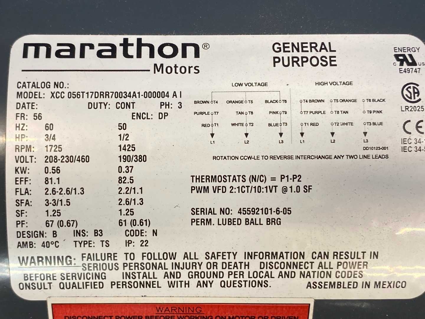 Marathon XCC056T17DRR70034A1-000004 Motor, 3/4&1/2HP, 208-230/460V