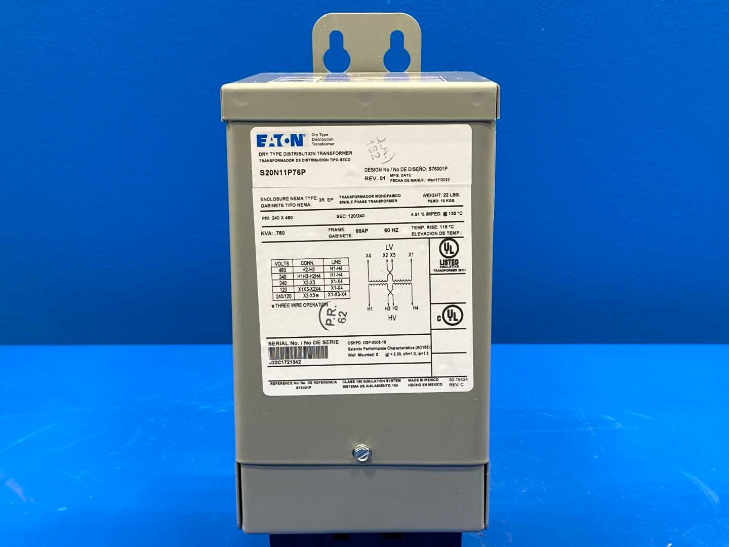 Eaton Transformer S20N11P76P, 0.750KVA, 1PH, 60HZ, 120/240&240/480V Type 3R