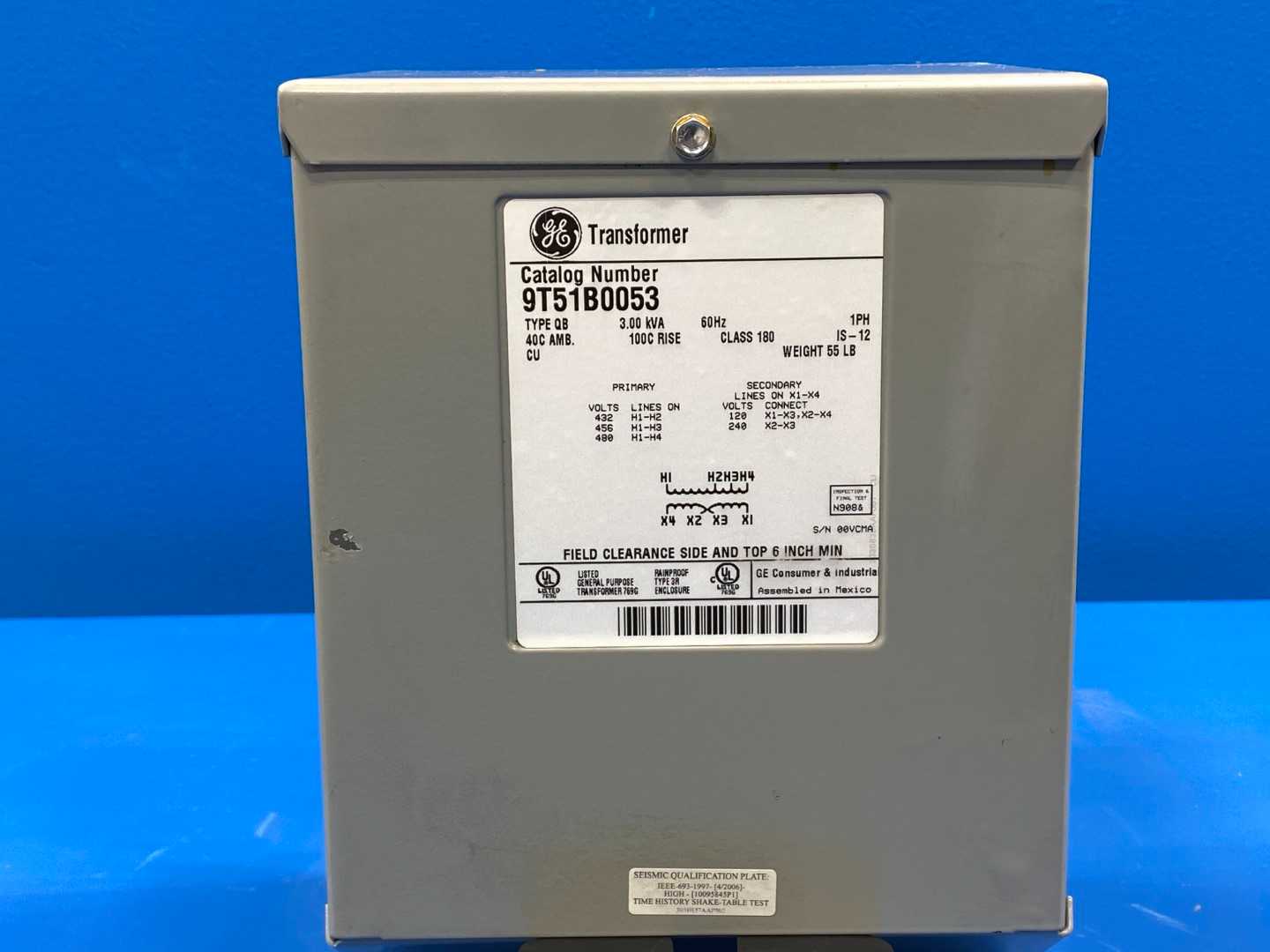 General Electric 9T51B0053  Transformer  3.00KVA, 1PH, 60HZ, Class 180