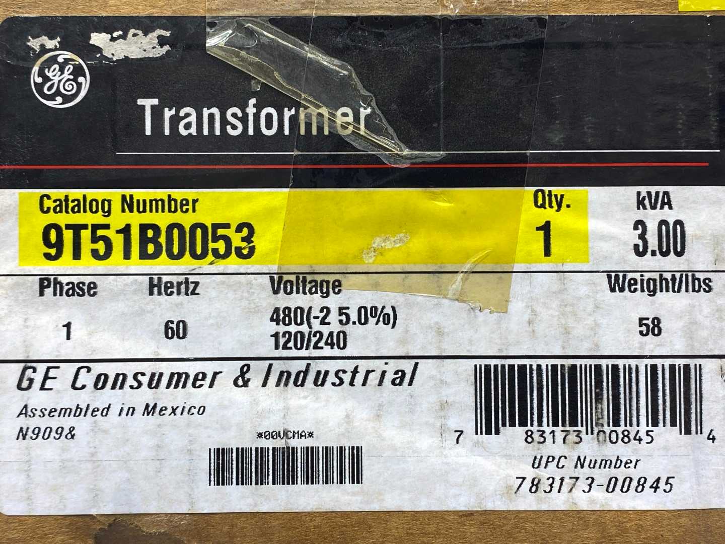 General Electric 9T51B0053  Transformer  3.00KVA, 1PH, 60HZ, Class 180