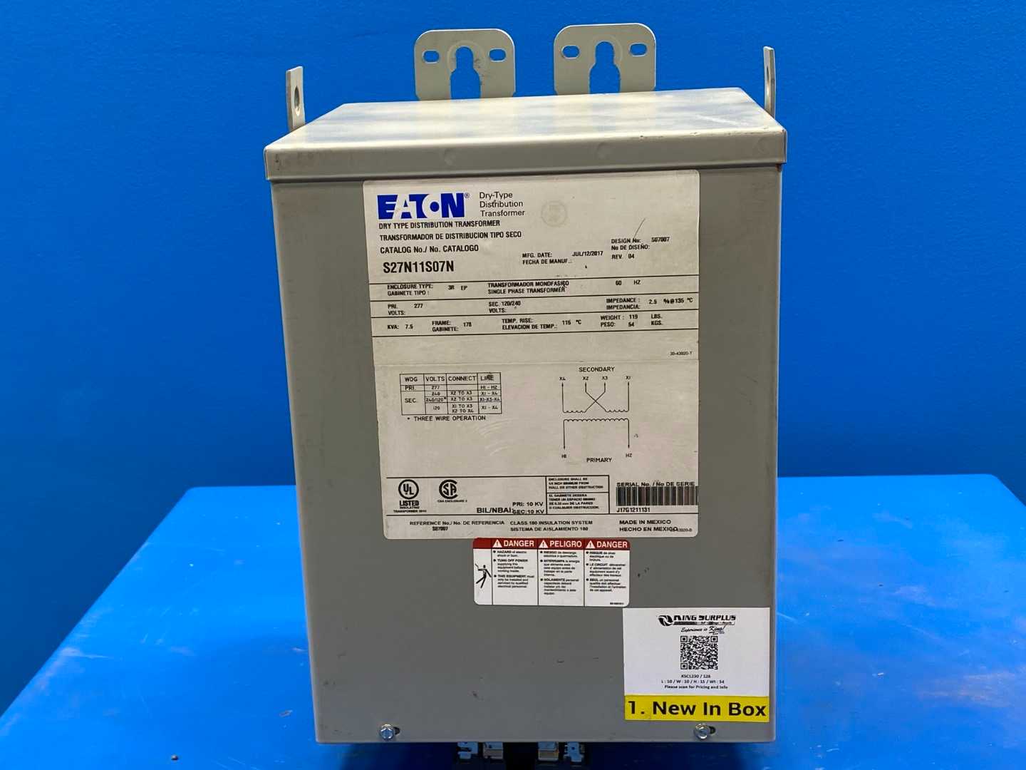 Eaton Transformer S27N11S07N, Type 3R, 120/240V, 60HZ, Single Phase