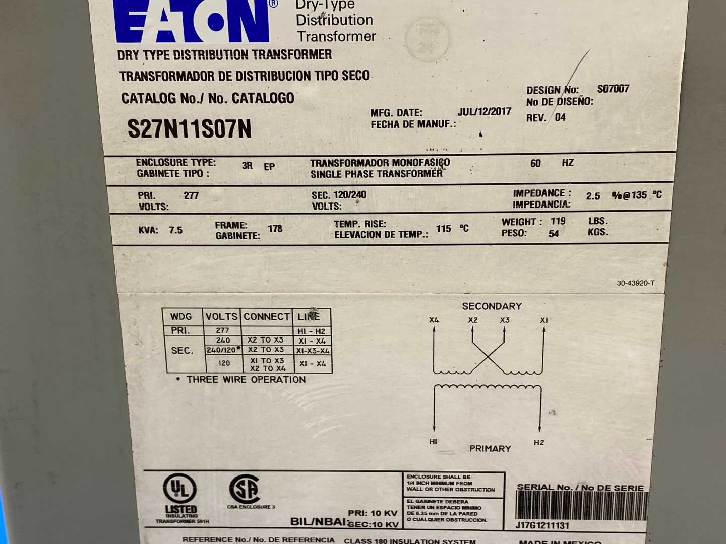 Eaton Transformer S27N11S07N, Type 3R, 120/240V, 60HZ, Single Phase