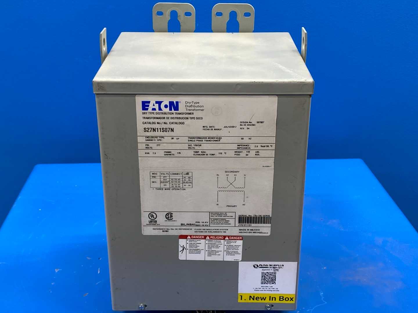 Eaton Transformer S27N11S07N, Type 3R, 120/240V, 60HZ, Single Phase