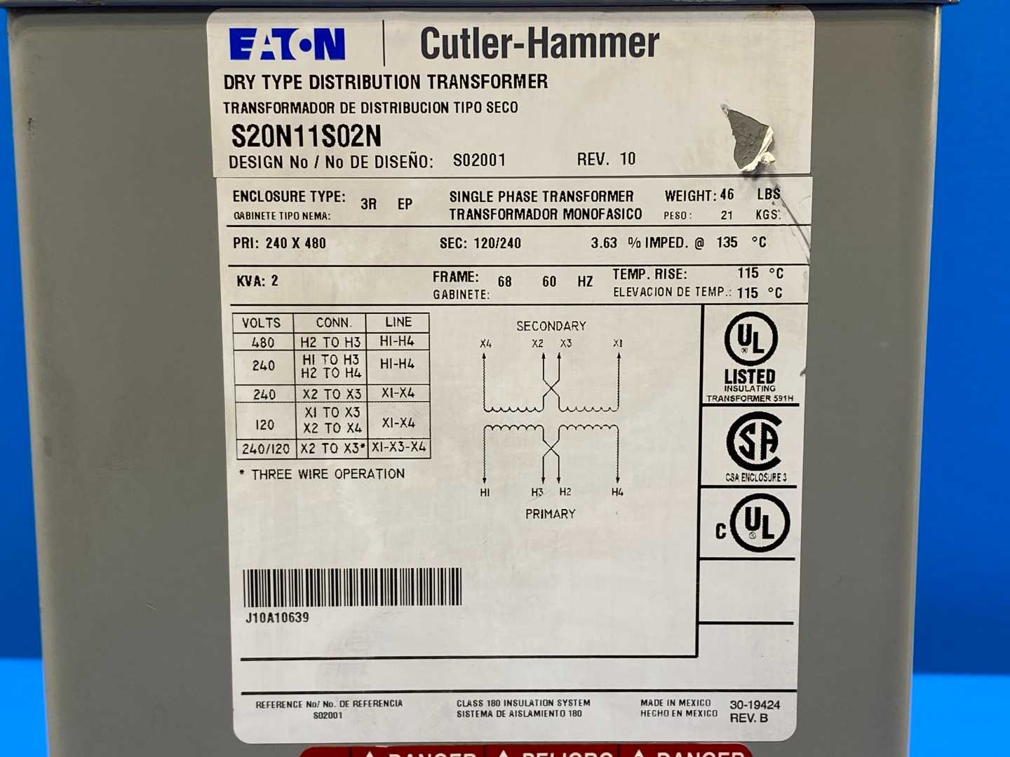 Eaton Cuttler-Hammer S20N11S02N Transformer , 120/240V, 1PH, Typer 3R, 2kVA