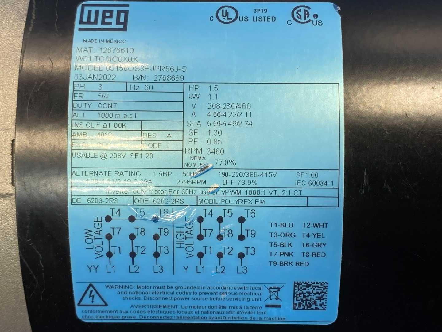 Weg 00156OS3EJPR56J-S Motor w/ 128 SF Scot Pump, 208-230/460V, 1-1/2HP,3PH