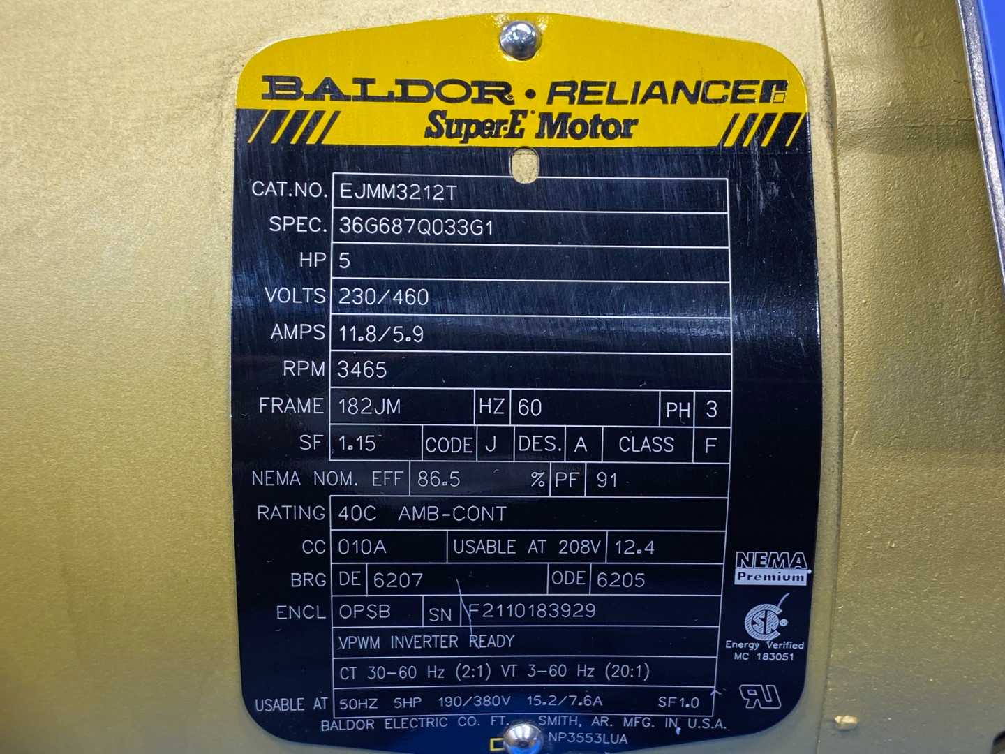 Baldor Reliance EJMM3212T SuperE Motor, 5HP, 230/460V 3465RPM, 3PH, 