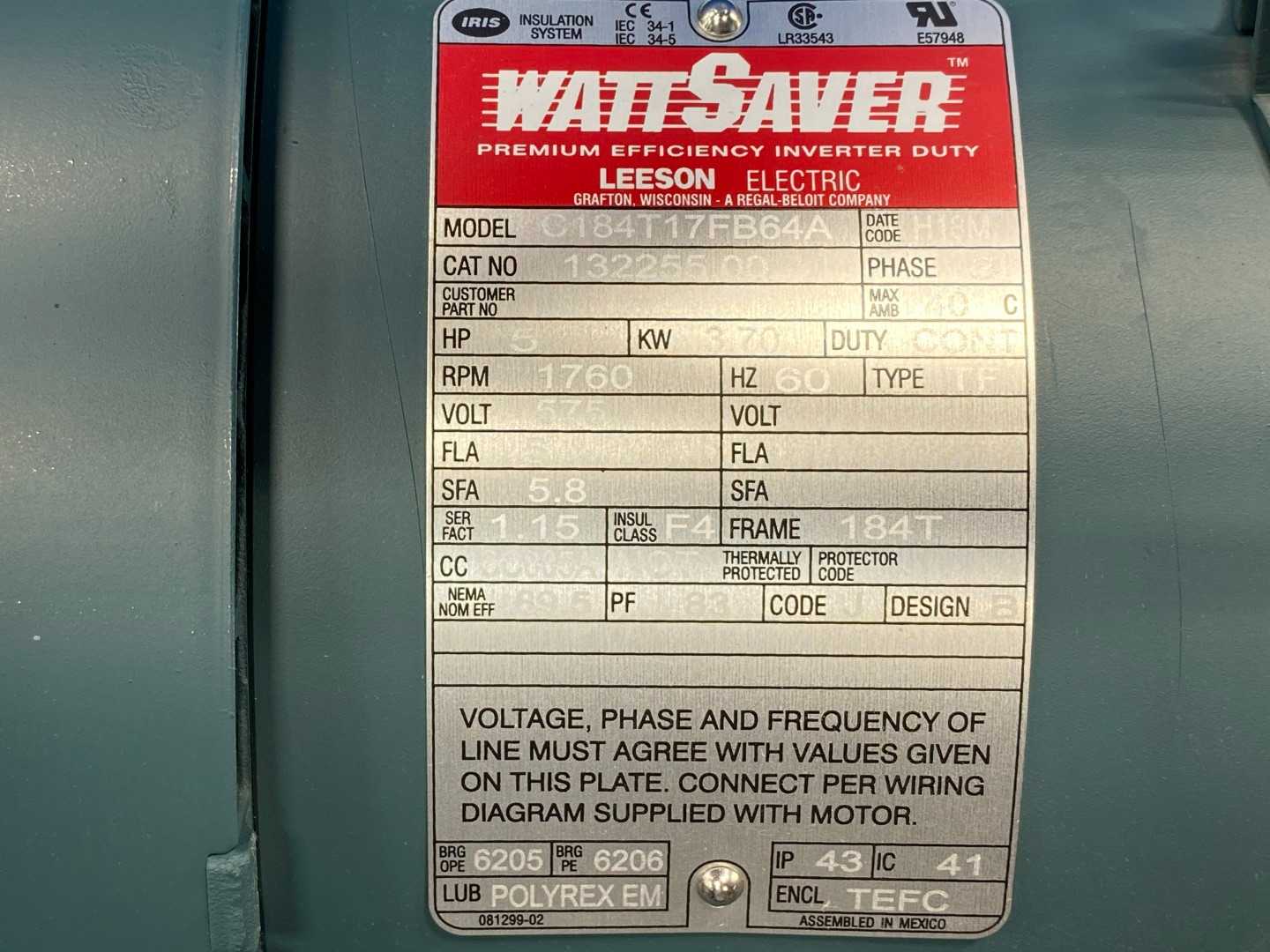 Leeson Electric Watt Saver 132255.00 Motor, 5HP, 1760RPM, 575V, 3PH