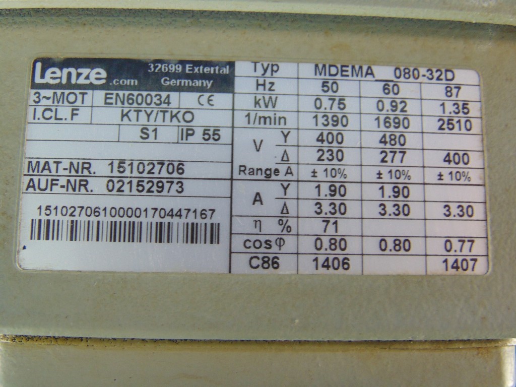  Lenze MDEMA-080-32D electric motor 1390-2510 Rpm 230-277/400-480V 1hp - 1.5hp