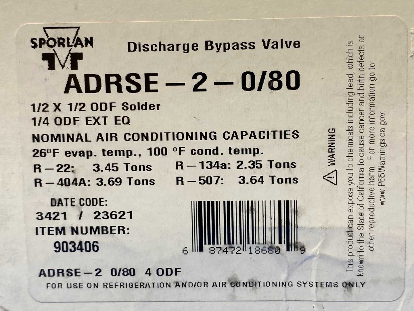 Sporlan Discharge Bypass Valve ADRSE-2-0/80, 1/2 x 1/2 ODF Solder, 1/4 ODF EXT