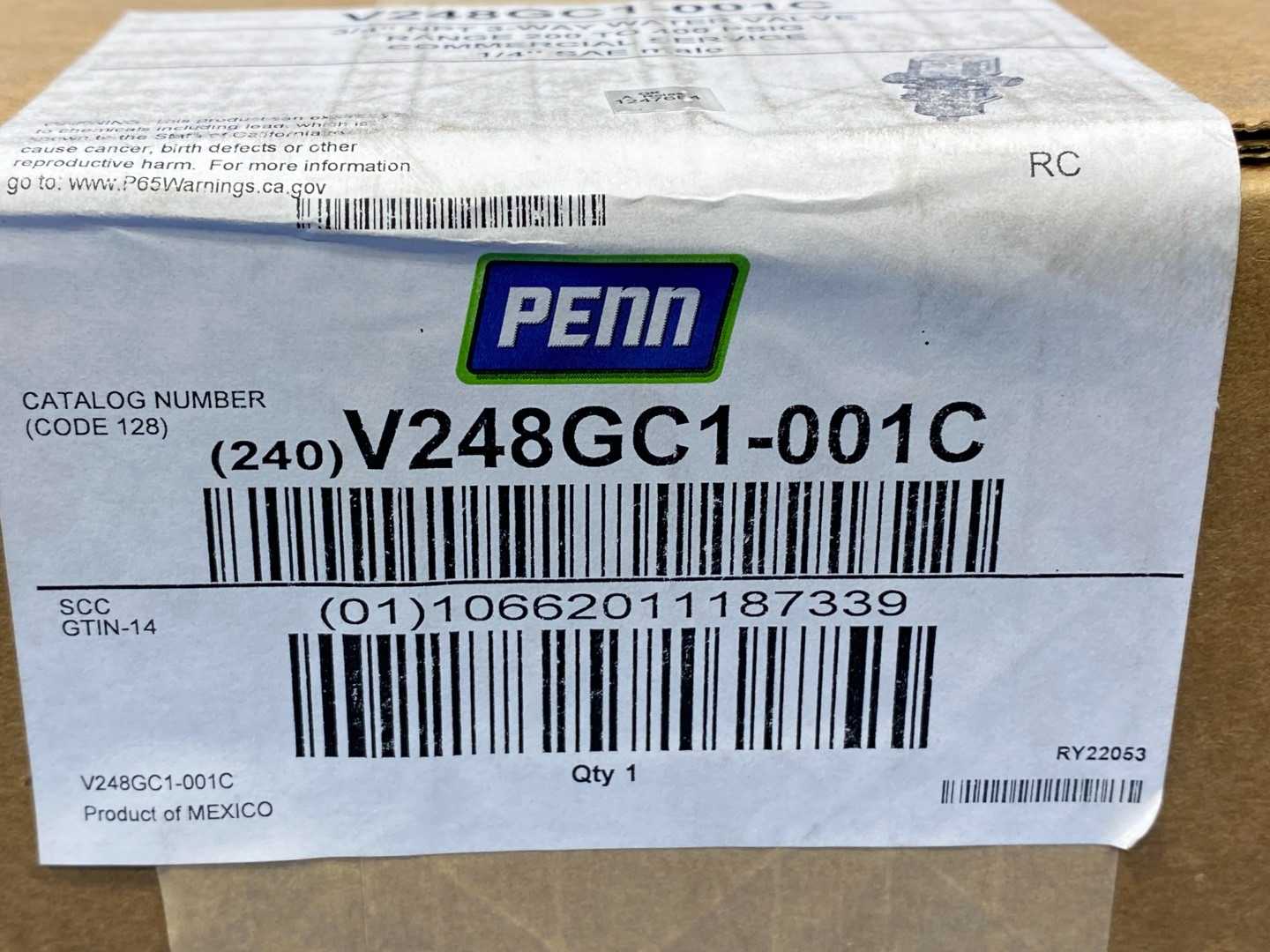 Penn V248GC1-001C, 3/4" NTP 3-Way Water Valve 200-400PSIG, 1/4"SAE Male