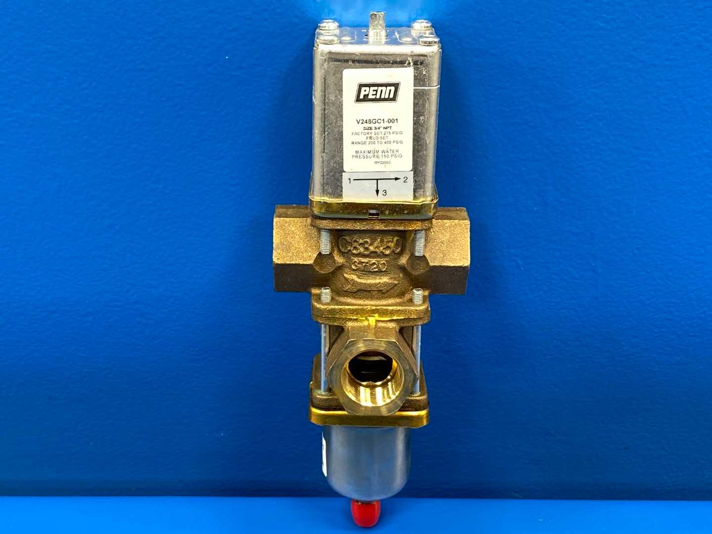 Penn V248GC1-001C, 3/4" NTP 3-Way Water Valve 200-400PSIG, 1/4"SAE Male