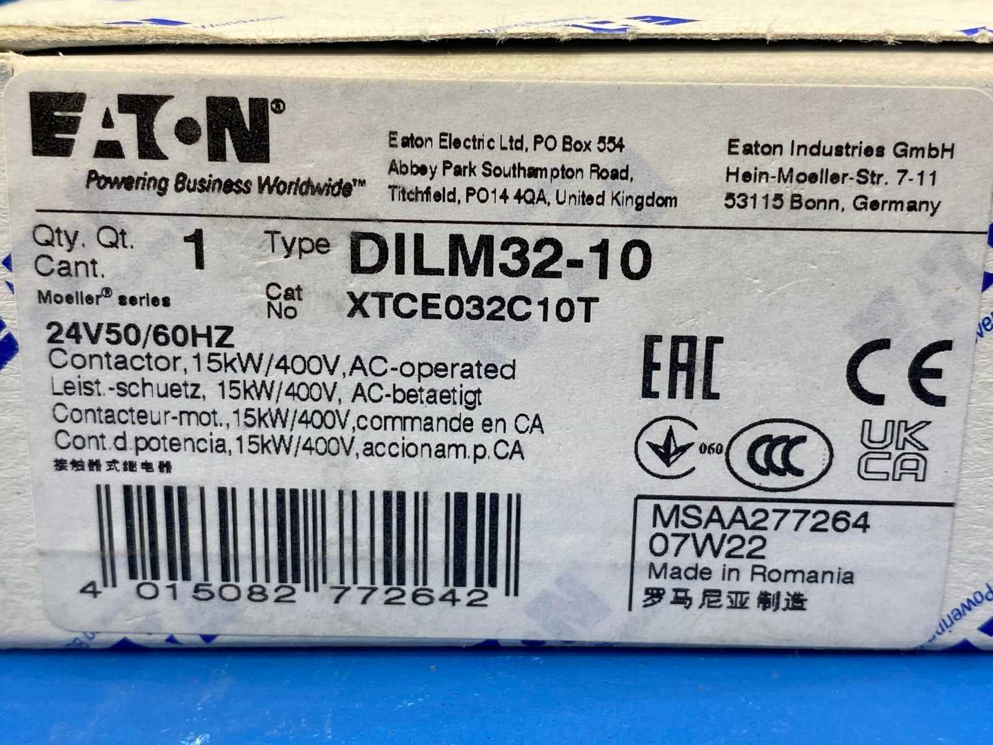 Eaton Contactor XTCE032C10T, Type DILM32-10, 24V.25/60Hz