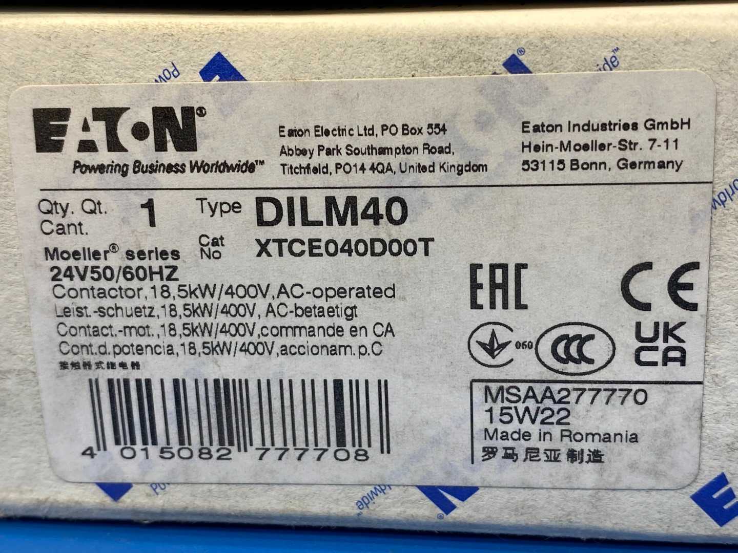 Eaton Contactor XTCE040D00T, Type DILM40, 24V.25/60Hz