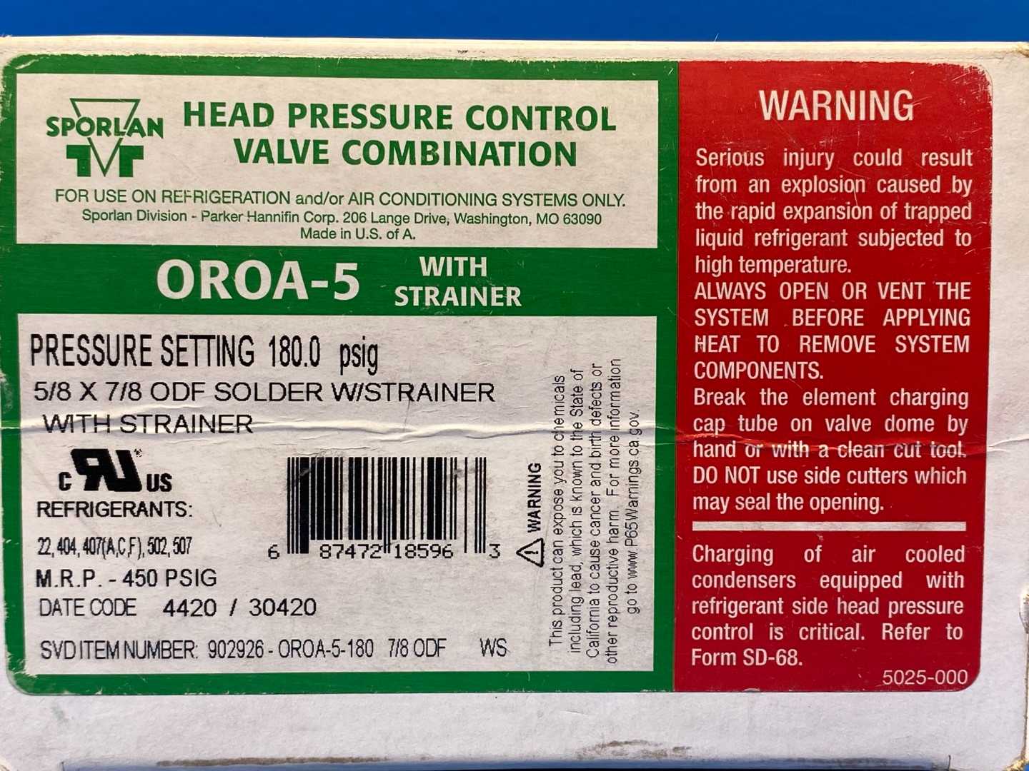 Sporlan Head Pressure Control Valve OROA-5, 58/"X7/8" ODF With Strainer!