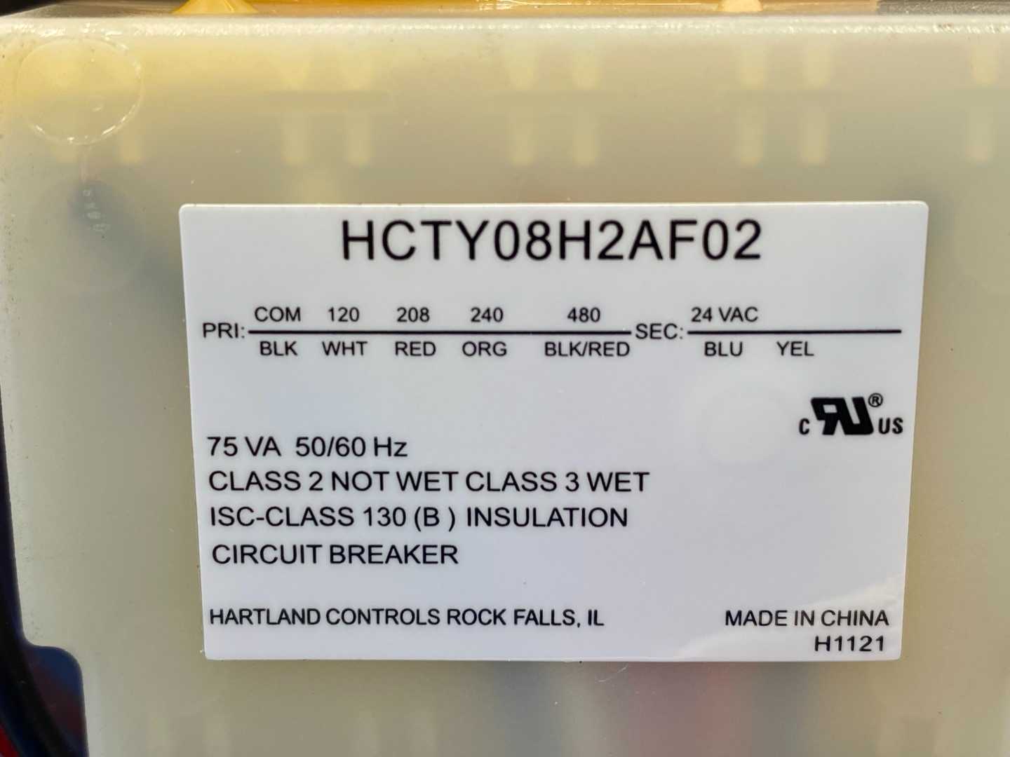 Hartland Controls HCTY08H2AF02 Transformer Primary: 120-480 Secondary: 24v