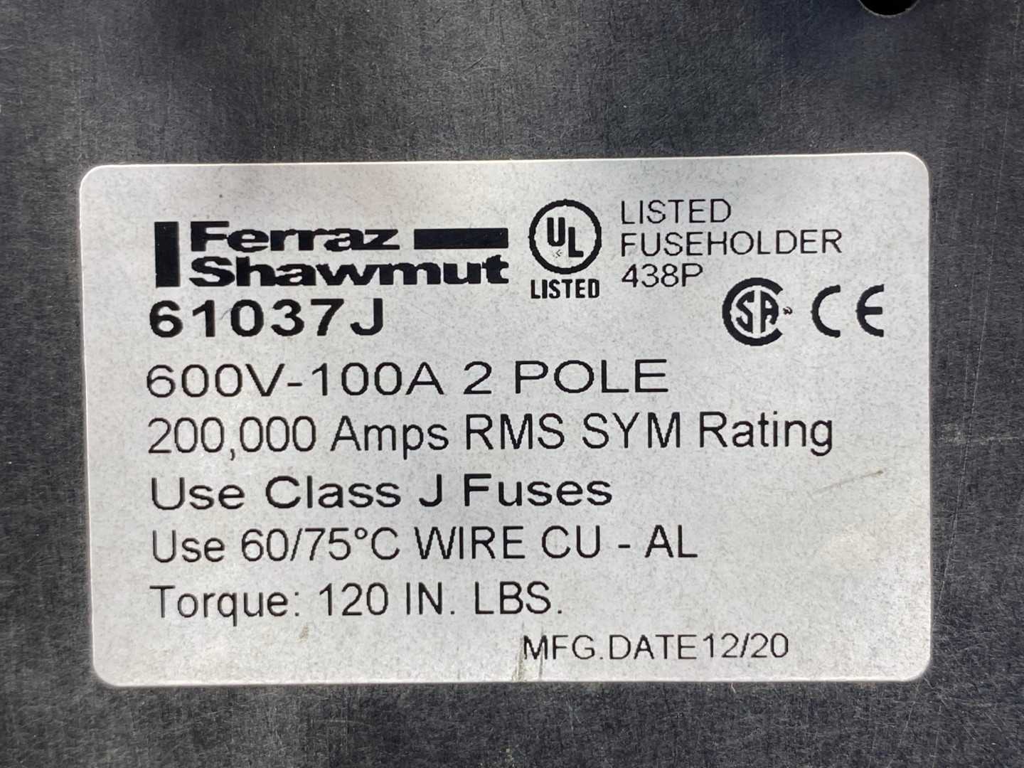 Ferraz Shawmut 61037J, 600V-100A 2 Pole Fuse Holder