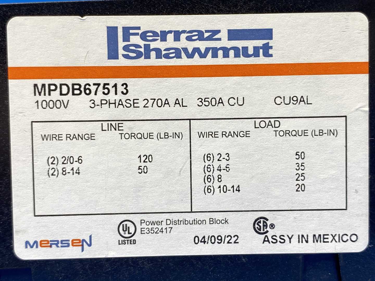 Ferraz Shawmut MPDB67513, 1000V, 3-Phase, 270A Power Distribution Block 