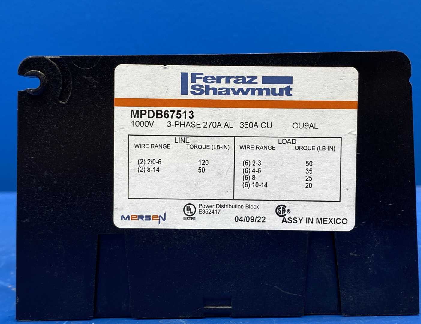 Ferraz Shawmut MPDB67513, 1000V, 3-Phase, 270A Power Distribution Block 