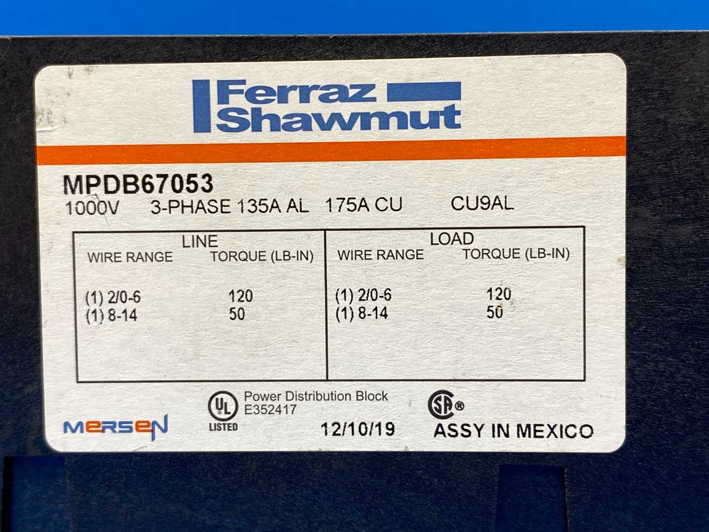 Ferraz Mersen MPDB67053 Distribution Block 1000V 135A 3-pole