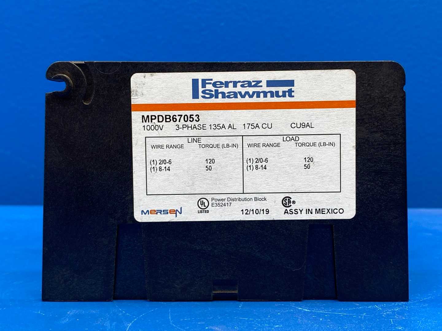 Ferraz Mersen MPDB67053 Distribution Block 1000V 135A 3-pole