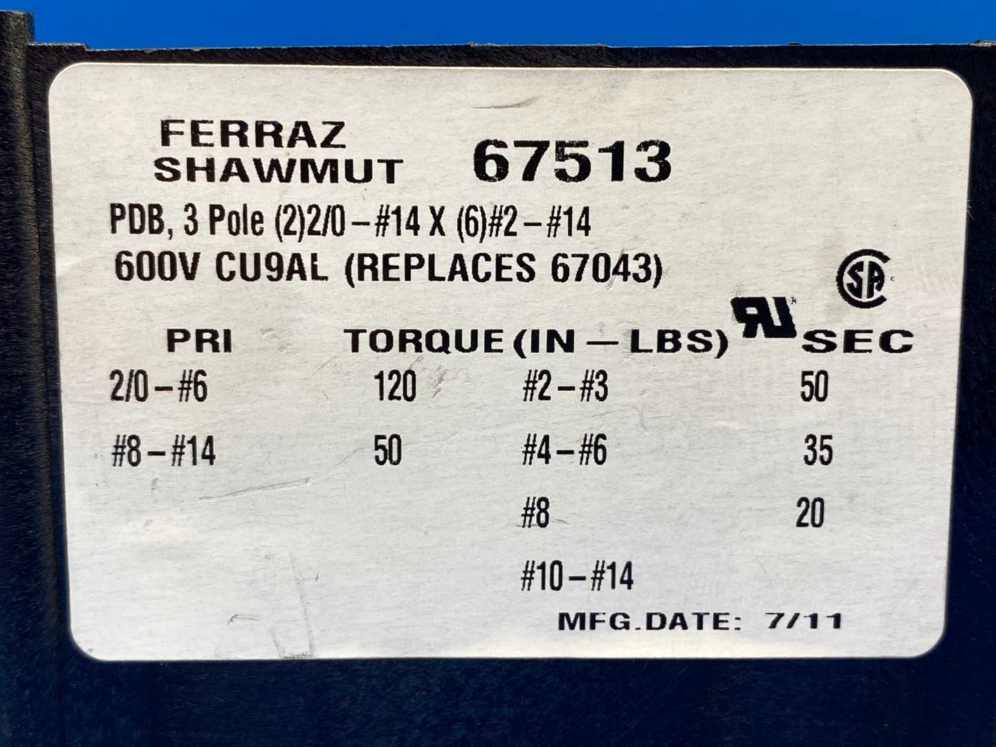 Ferraz Shawmut 67513, 600V, 3-Phase, 350A Power Distribution Block 