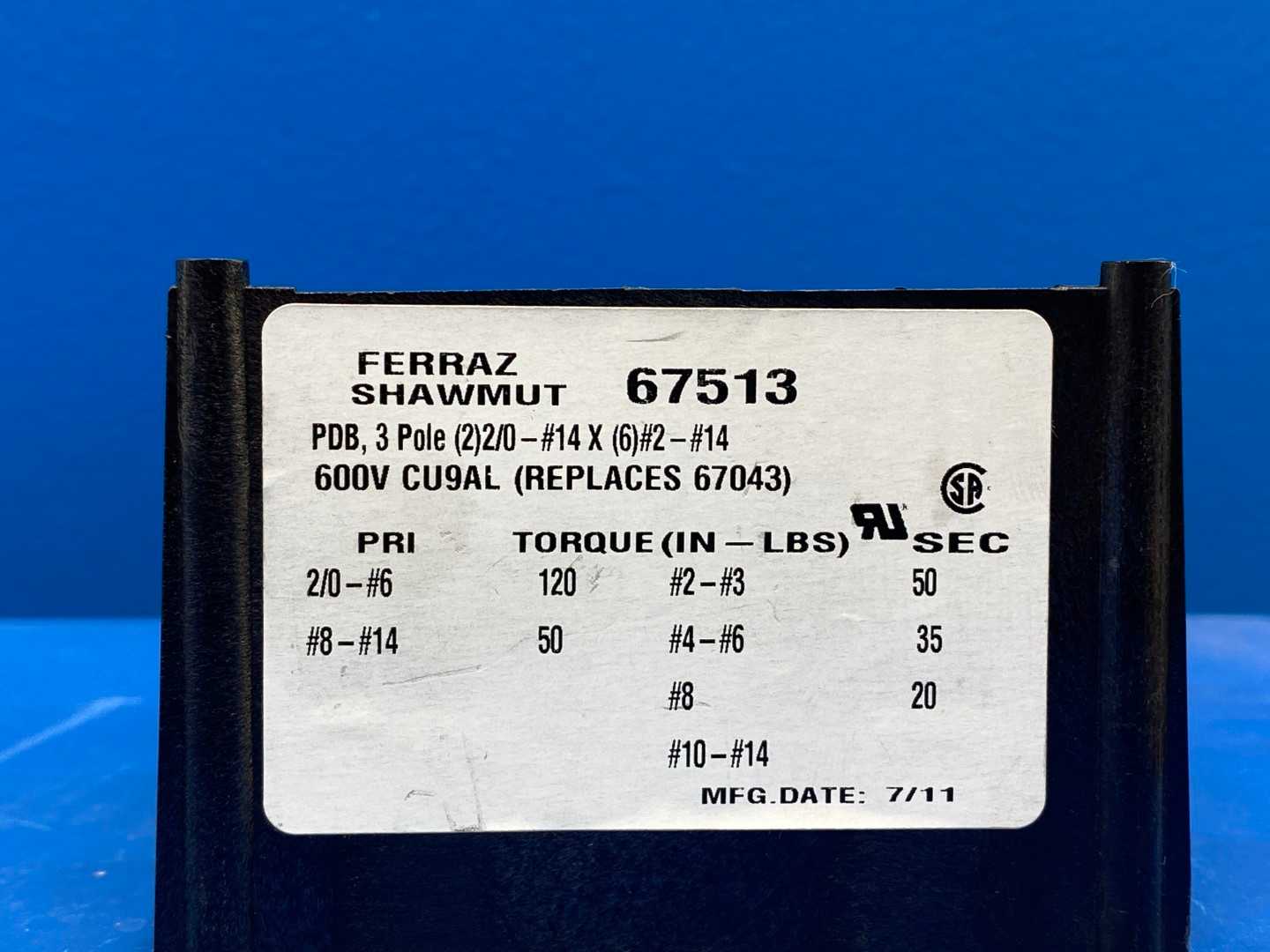 Ferraz Shawmut 67513, 600V, 3-Phase, 350A Power Distribution Block 