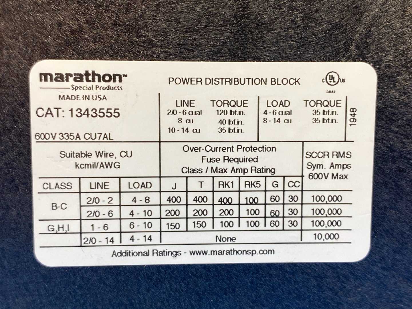 Marathon 1343555 Power Distribution Block, 600V, 335A, 3-Phase