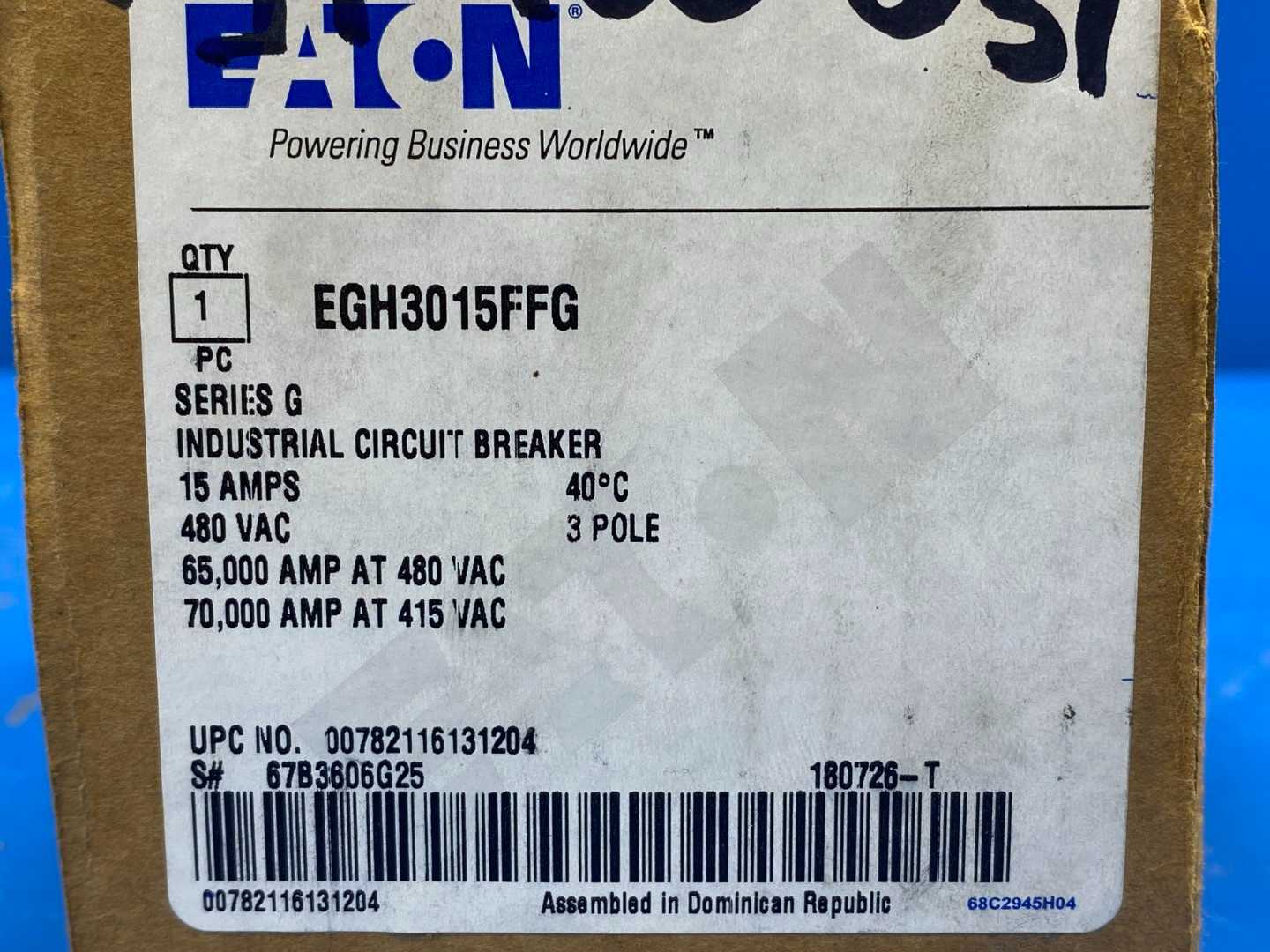 Eaton Series G Industrial Circuit Breaker EGH3015FFG, 15A, 240/480VAC, 3-Pole 