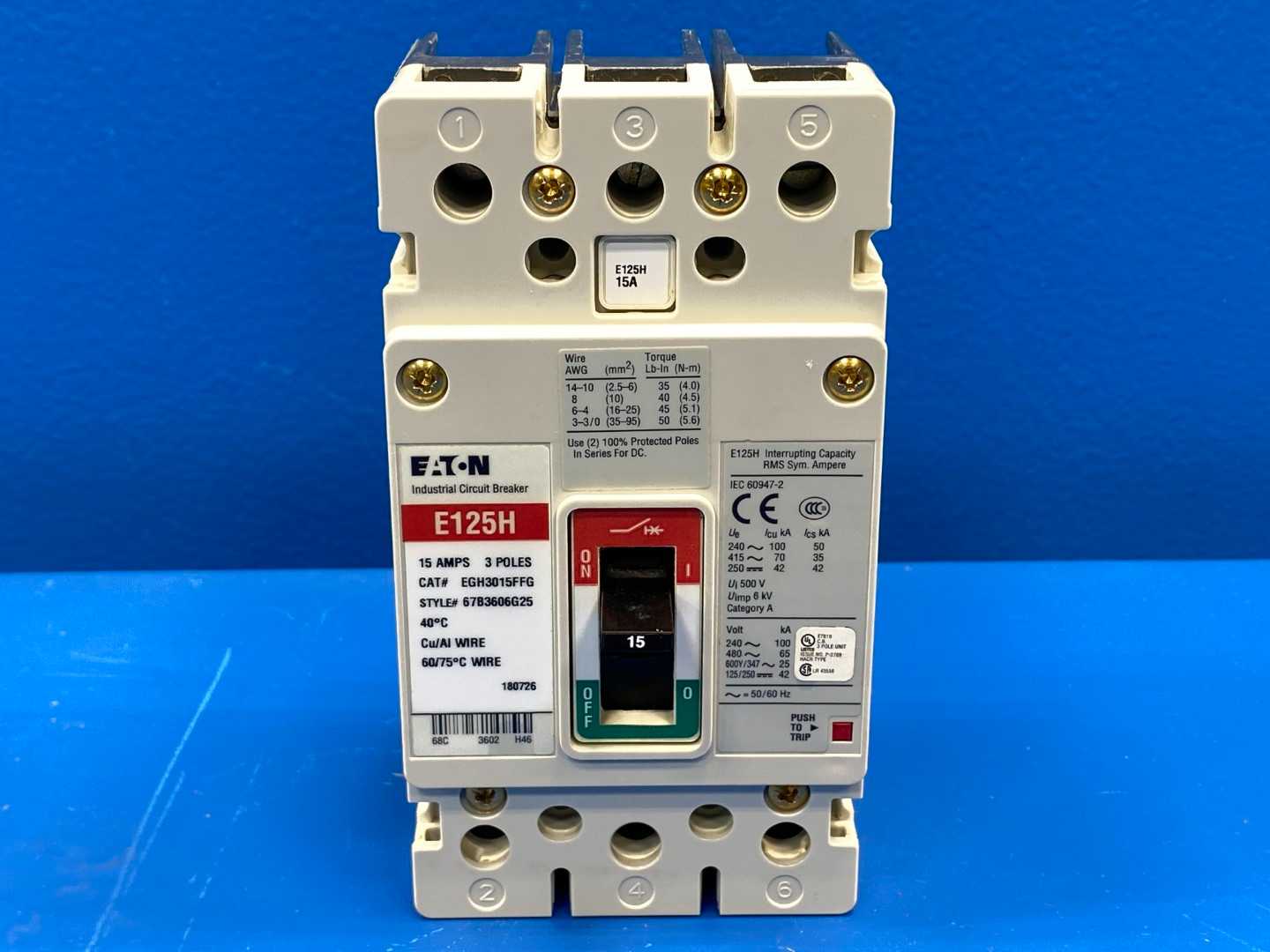 Eaton Series G Industrial Circuit Breaker EGH3015FFG, 15A, 240/480VAC, 3-Pole 