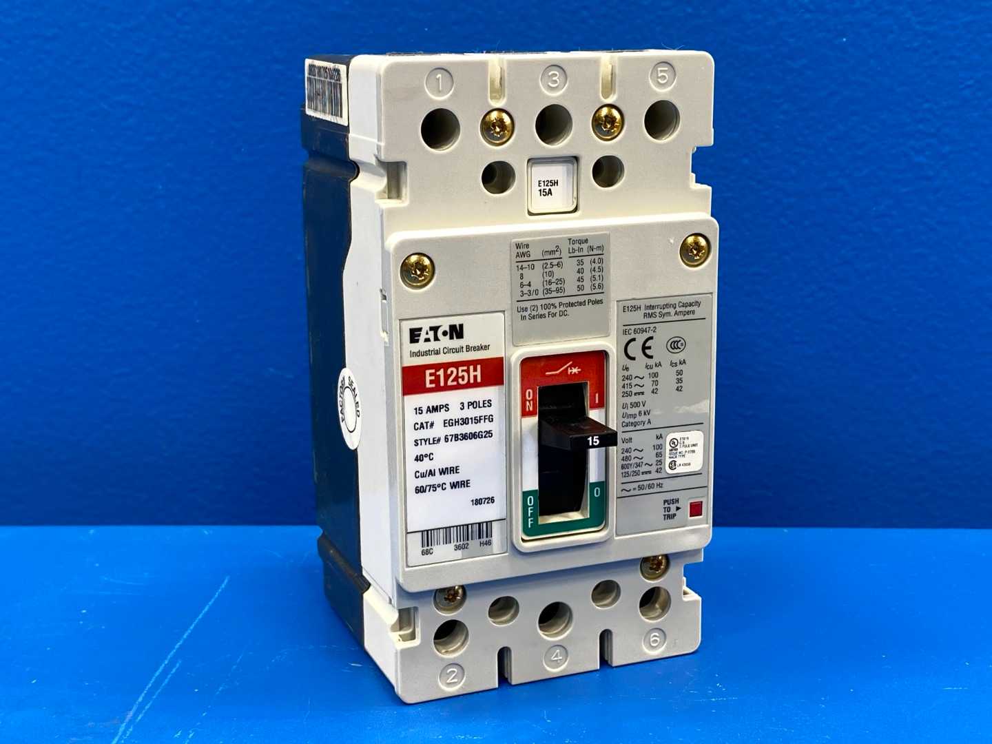 Eaton Series G Industrial Circuit Breaker EGH3015FFG, 15A, 240/480VAC, 3-Pole 