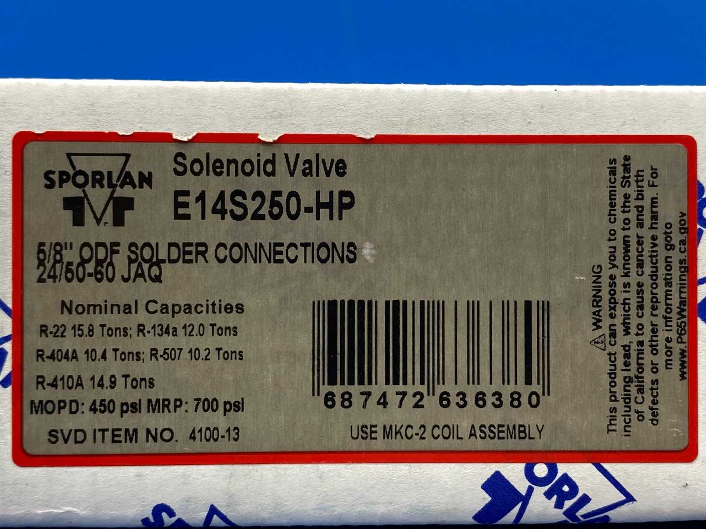 Sporlan Solenoid Valve E14S250-HP, 5/8" ODF, 24/50-60JAQ