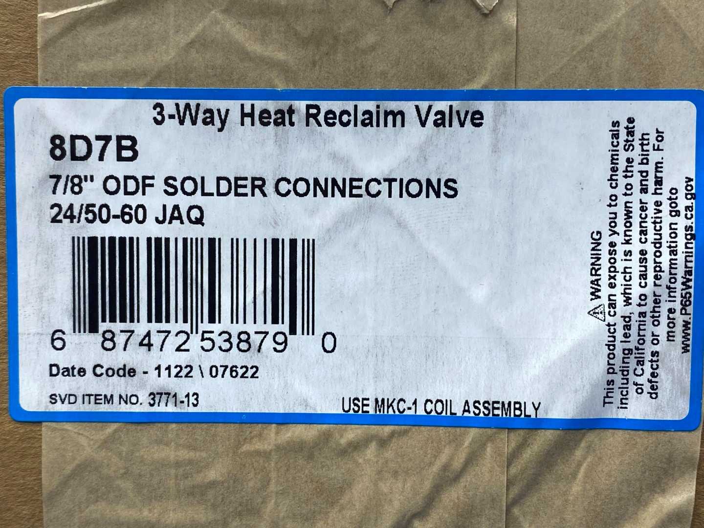 Sporlan 3-Way Heat Reclaim Valve 8D7B, 7/8"ODF, 24/50-60JAQ