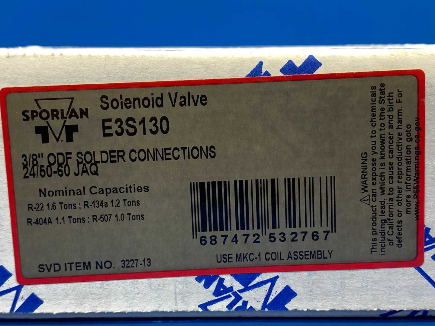 Sporlan Solenoid Valve E3S130, 3/8" ODF Solder Connection, 24/50-60 JAQ