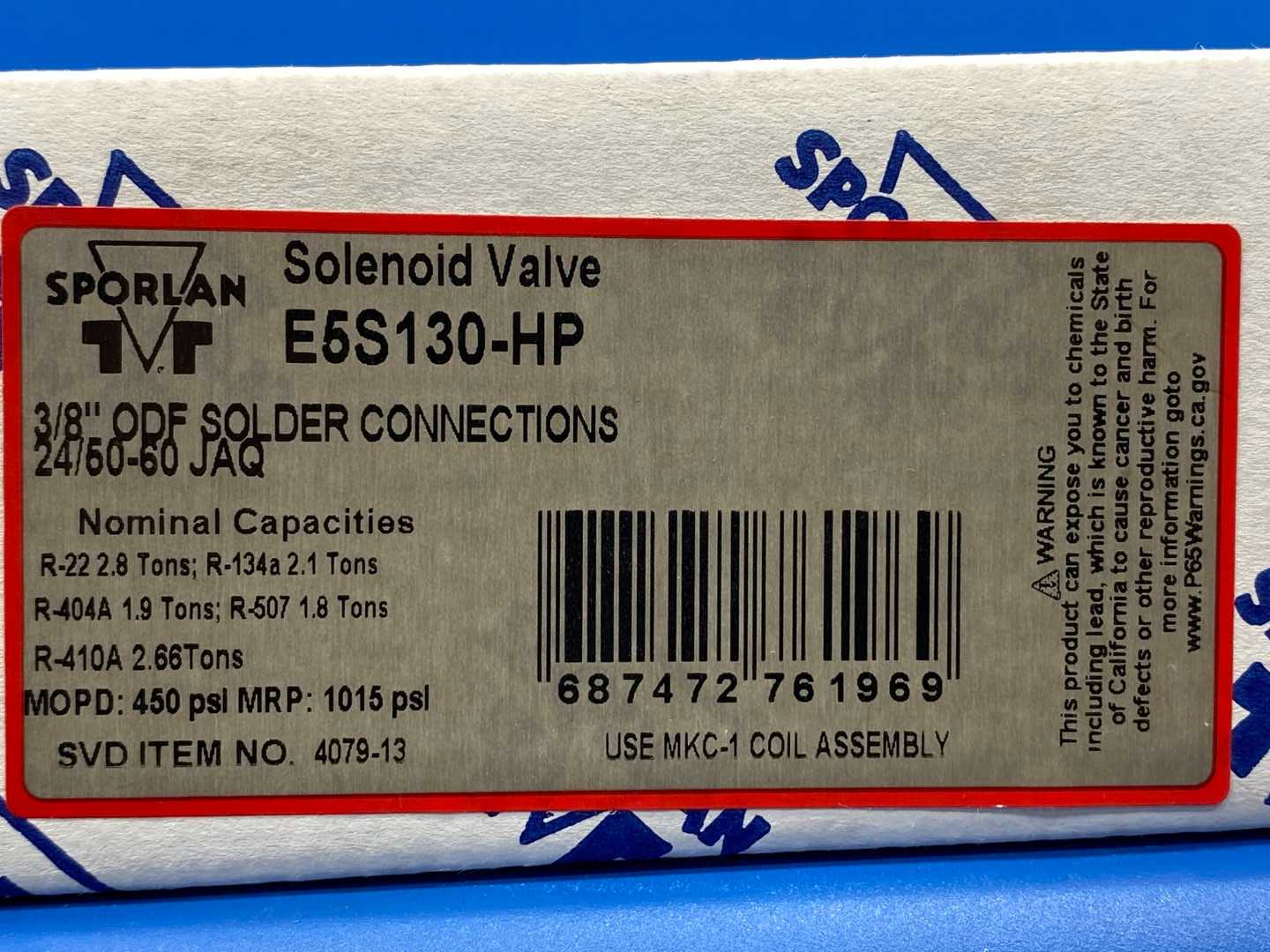 Sporlan Solenoid Valve E5S130-HP, 3/8" ODF Solder Connection, 24/50-60 JAQ