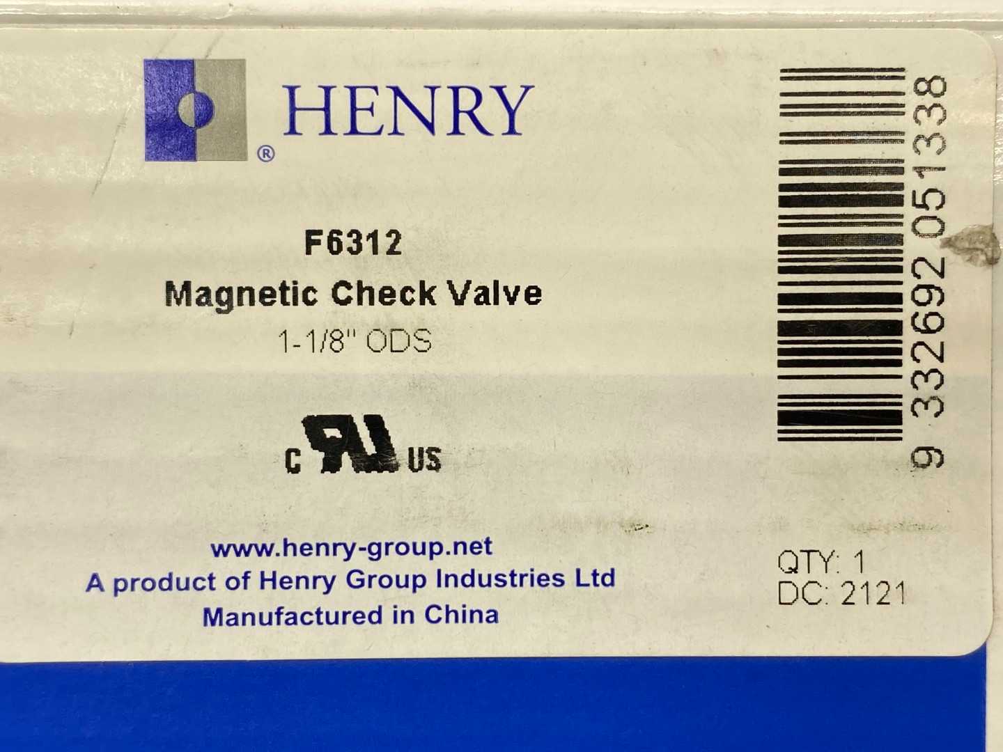 Henry Magni-Check Valve F6312, 1-1/8" ODS