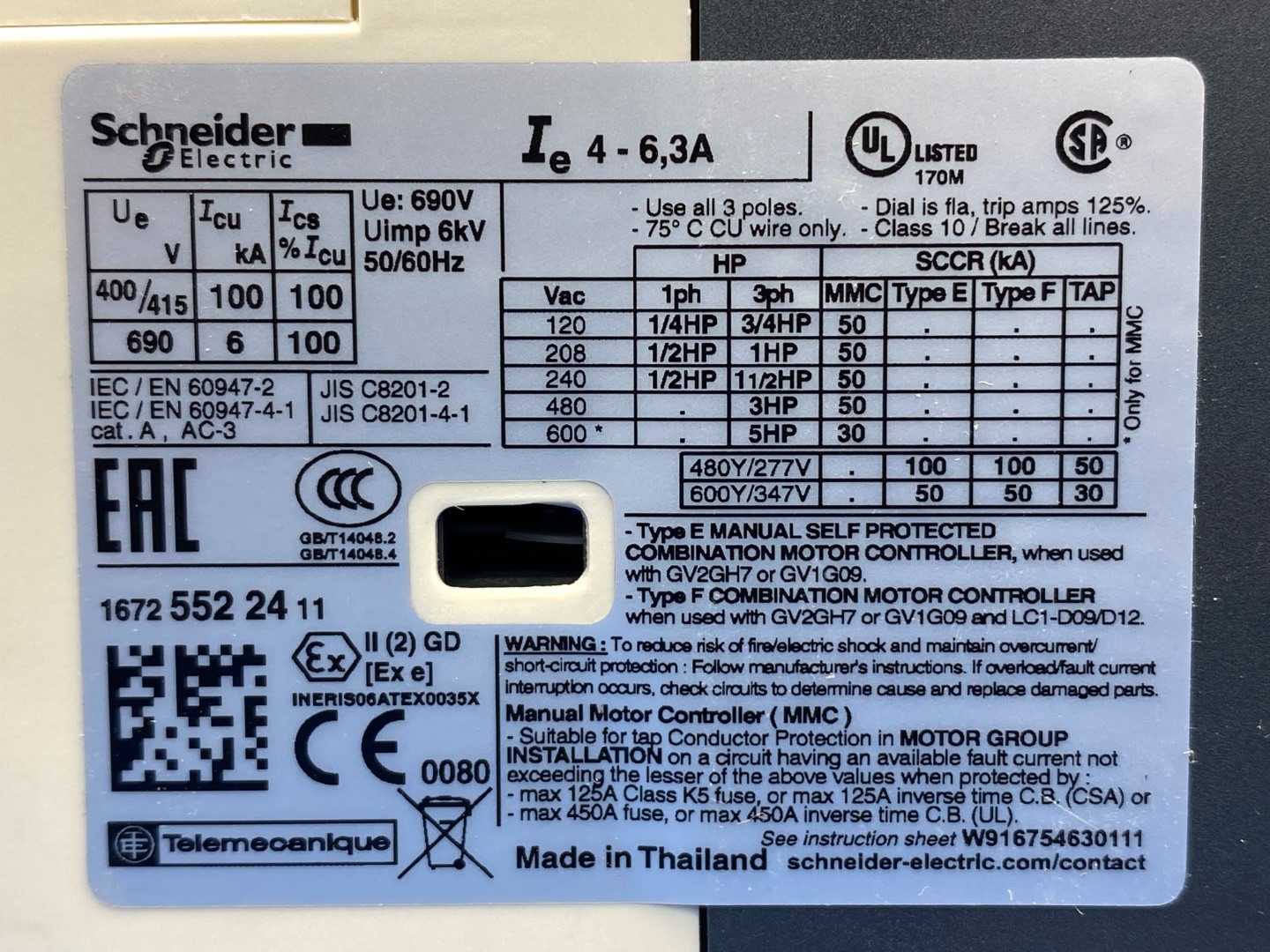 Schneider Electric TeSys Motor Circuit Breaker GV2-P10, 4-6.3A