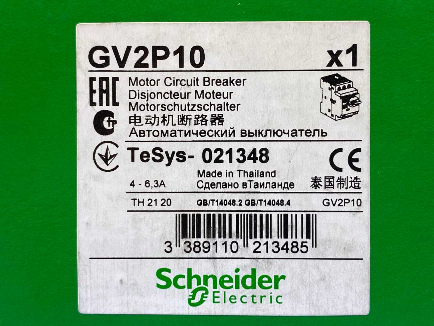 Schneider Electric TeSys Motor Circuit Breaker GV2-P10, 4-6.3A