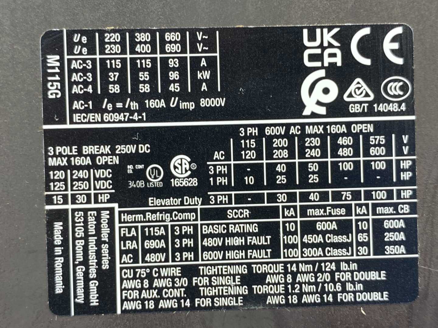 Eaton XT IEC contactor, XTCE115GS1T, 115A,24-27V Coil. 3-pole