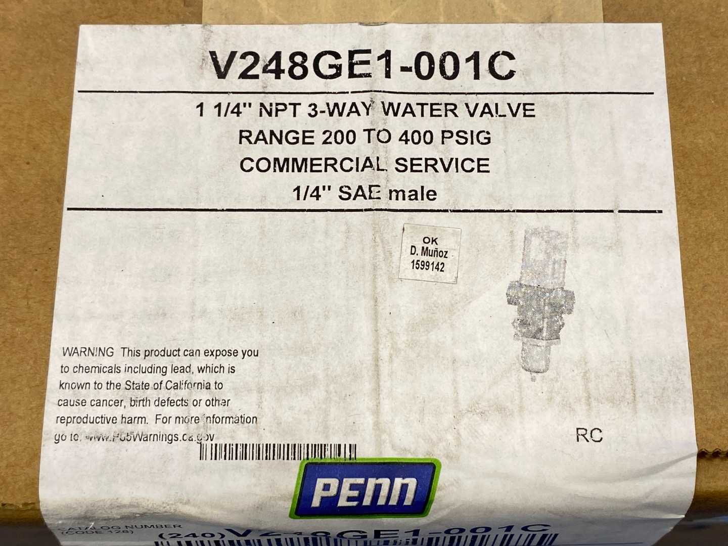 Penn V248GE1-001C, 1-1/4" NTP 3-Way Water Valve 200-400PSIG, 1/4"SAE Male