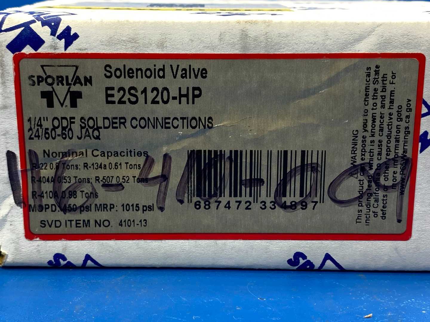 Sporlan Solenoid Valve E2S120-HP 1/4” ODF Solder 24V 60Hz JAQ 1015 PSI MRP HVAC Refrigeration