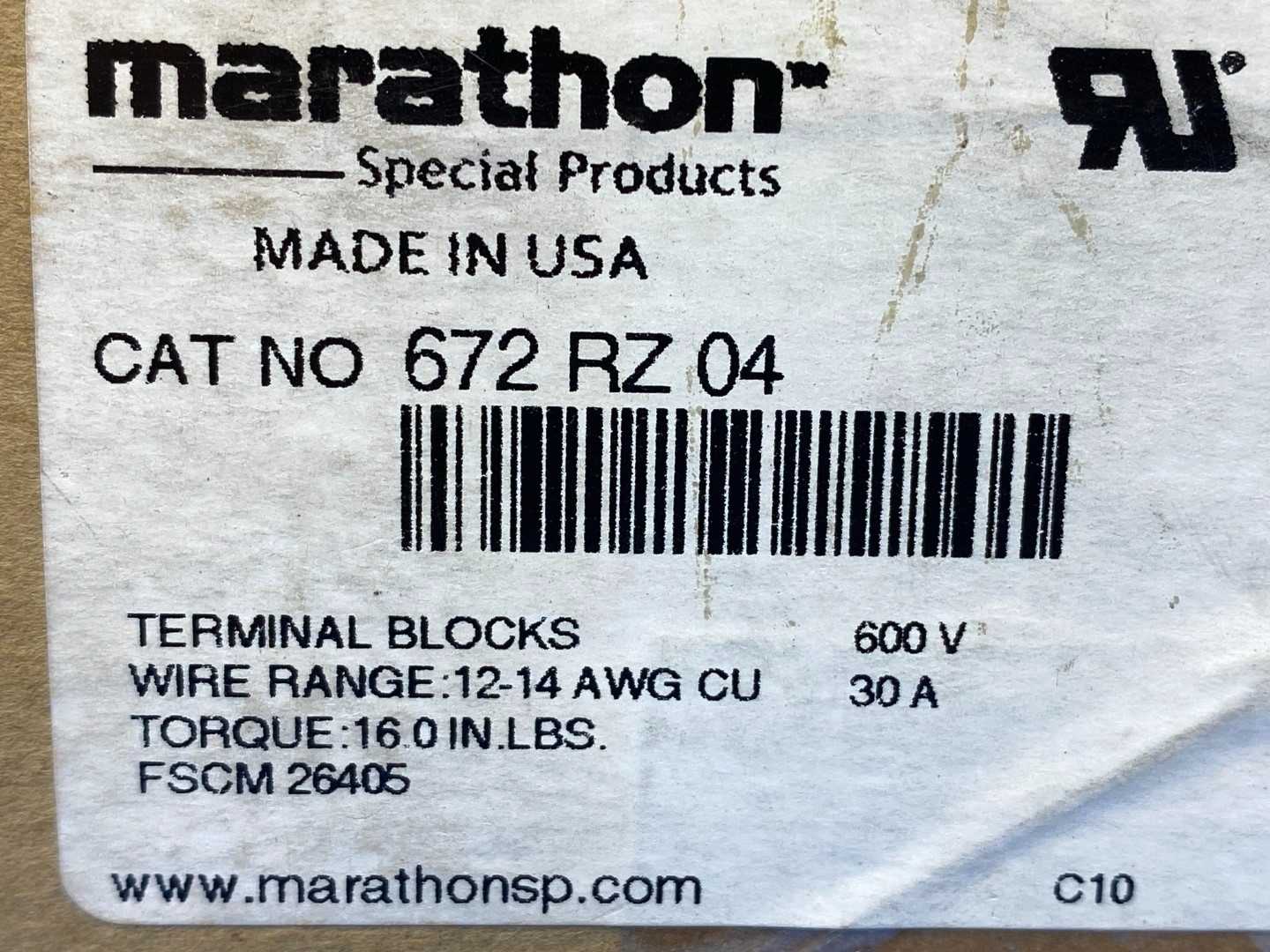 Marathon Terminal Blocks 672RZ04 Double Row (12-14 AWG wire range), 600V 30A