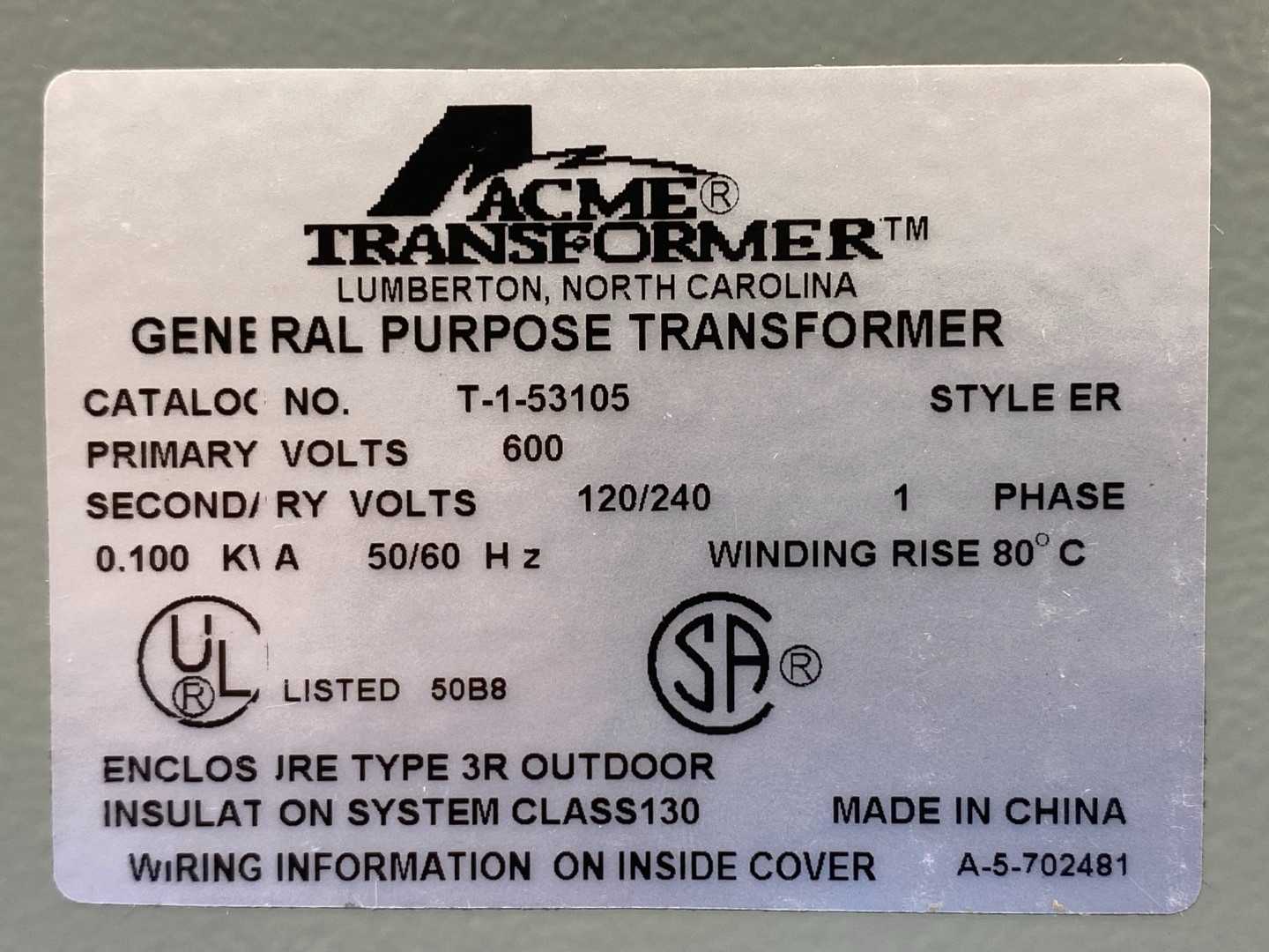 ACME Electric T-1-53105 General Purpose Transformer 50/60HZ